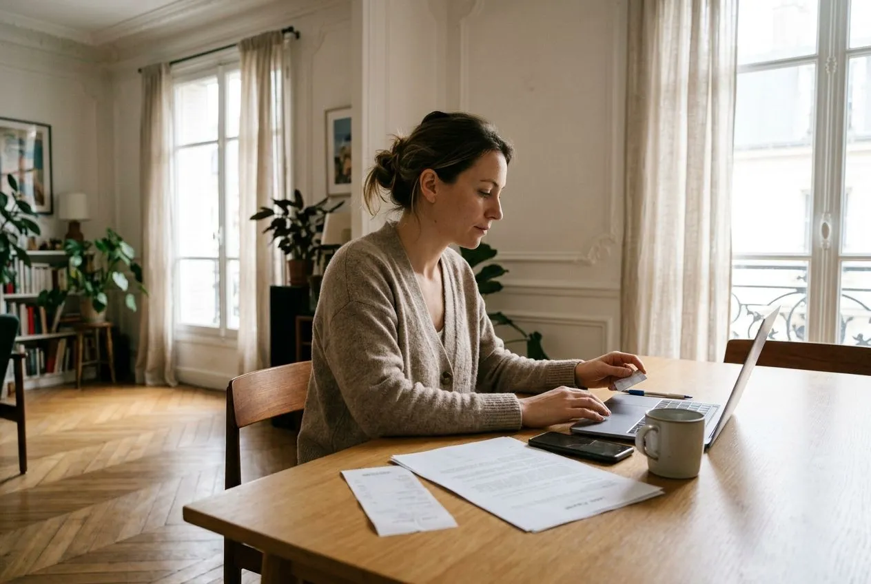 Un locataire prépare le paiement de son loyer en vérifiant les documents de location.