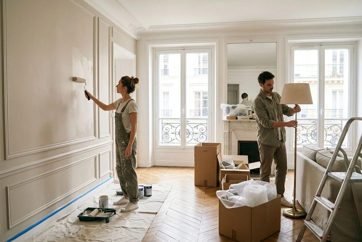 Rafraîchissement d’un séjour avec peinture claire, lampe d’appoint et retrait des objets encombrants avant une vente immobilière.