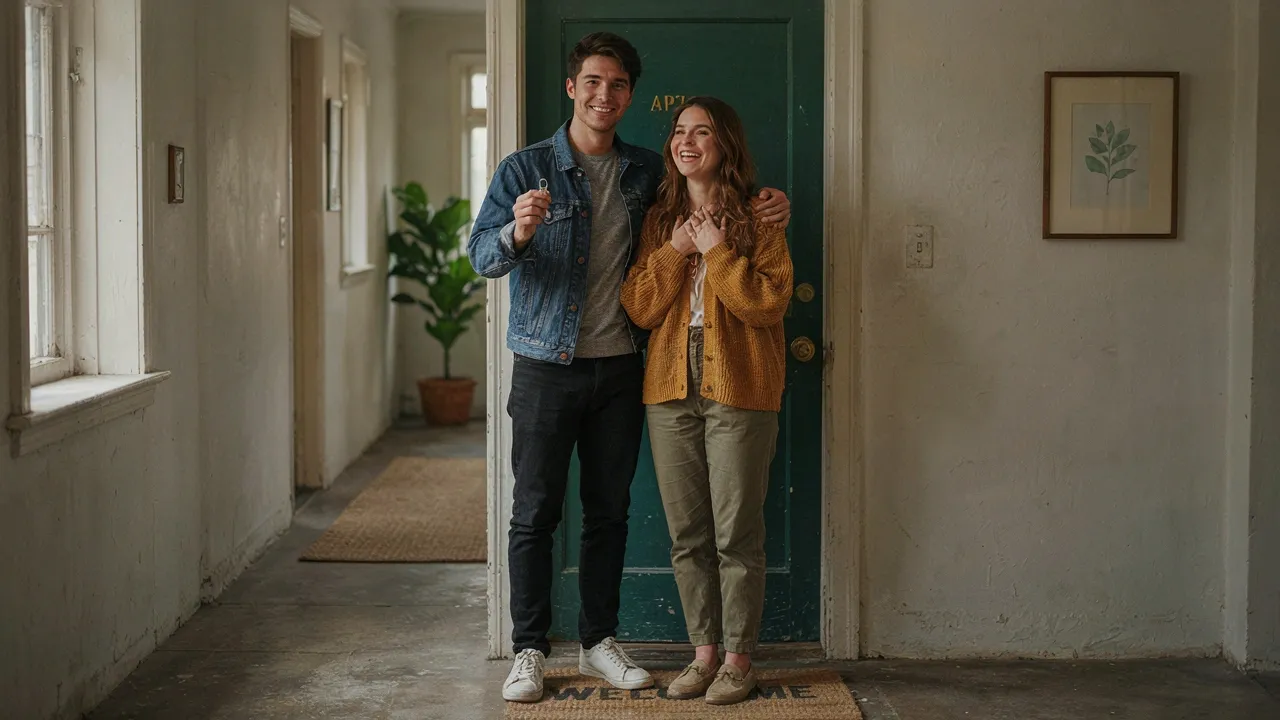 Couple devant la porte de son premier appartement