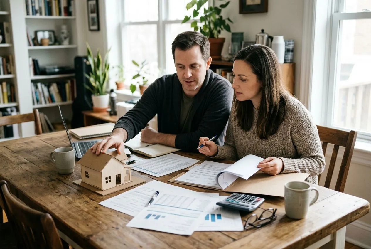 Un couple étudie les apports et le financement d’un projet immobilier familial avant de créer une SCI.