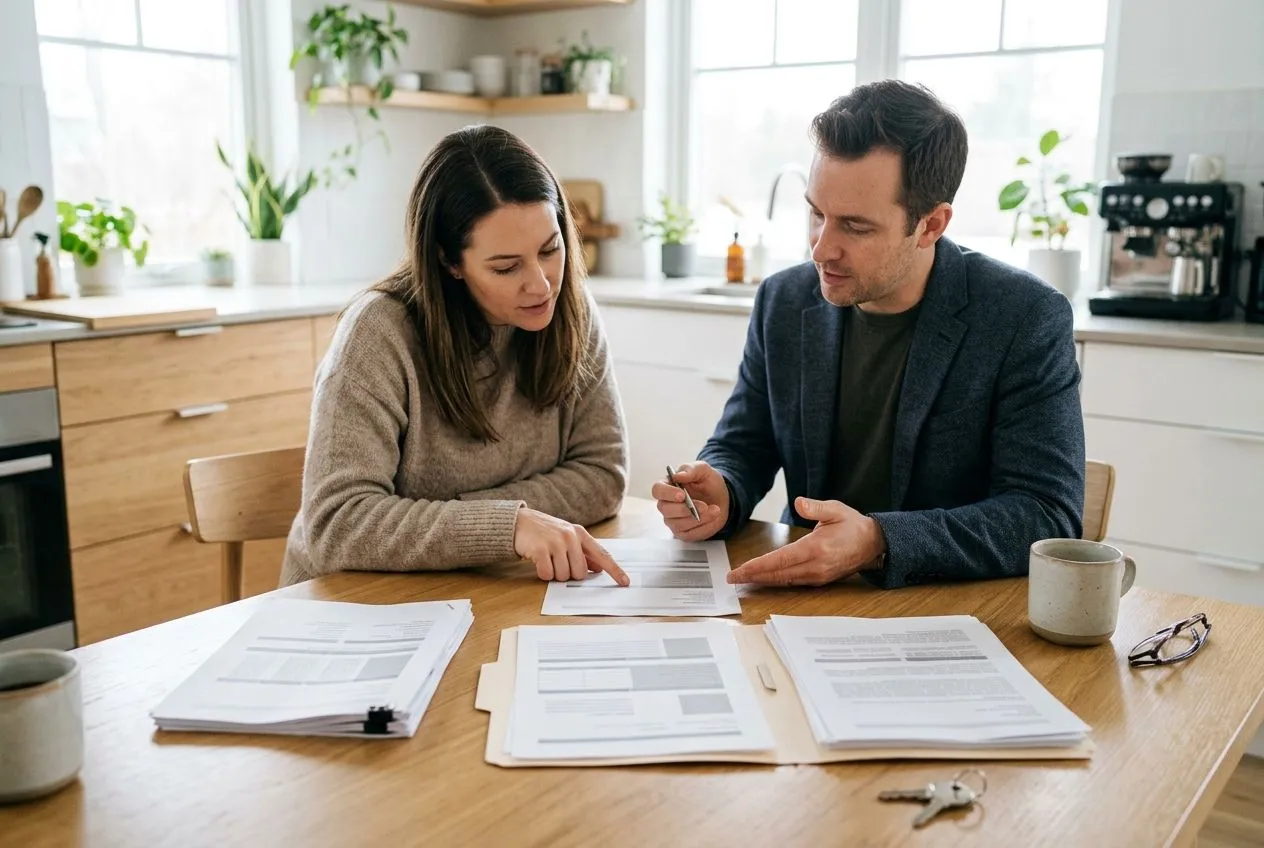 Un acheteur et un professionnel examinent les justificatifs financiers, les devis de travaux et les documents immobiliers d’une offre.