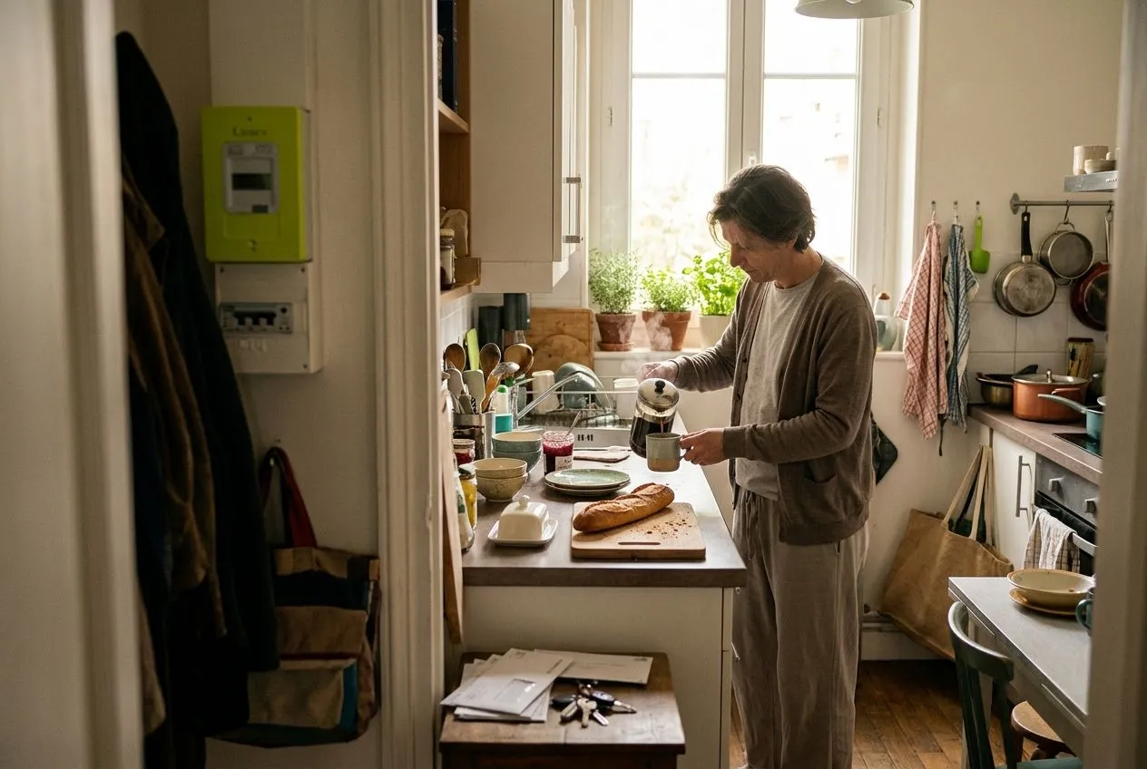 Un propriétaire dans son logement occupé au quotidien, avec des effets personnels et un compteur électrique en arrière-plan.