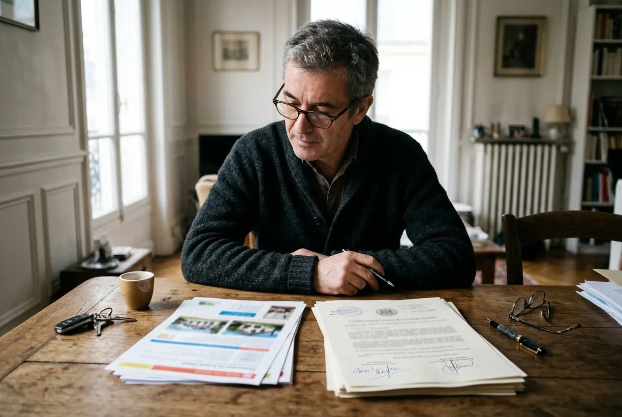 Un vendeur compare une annonce immobilière avec un acte de vente signé pour distinguer le prix affiché du prix réellement payé.