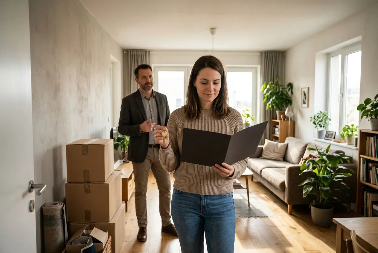 Un candidat à l’achat visite un appartement avec un conseiller dans le cadre d’un parcours de location-accession.