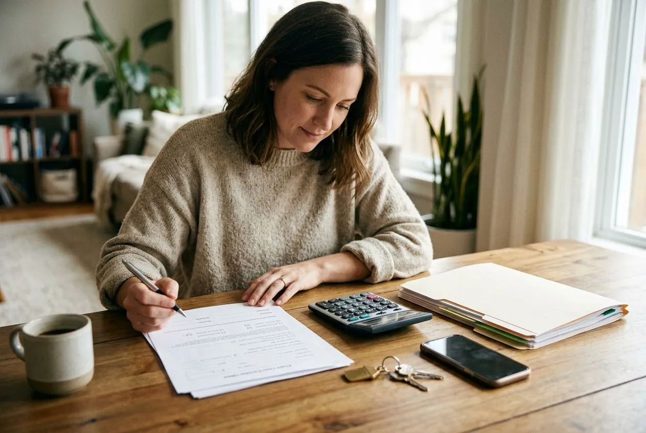 Un acheteur prépare son offre d’achat immobilier avec des documents de financement, un calculateur et des clés.
