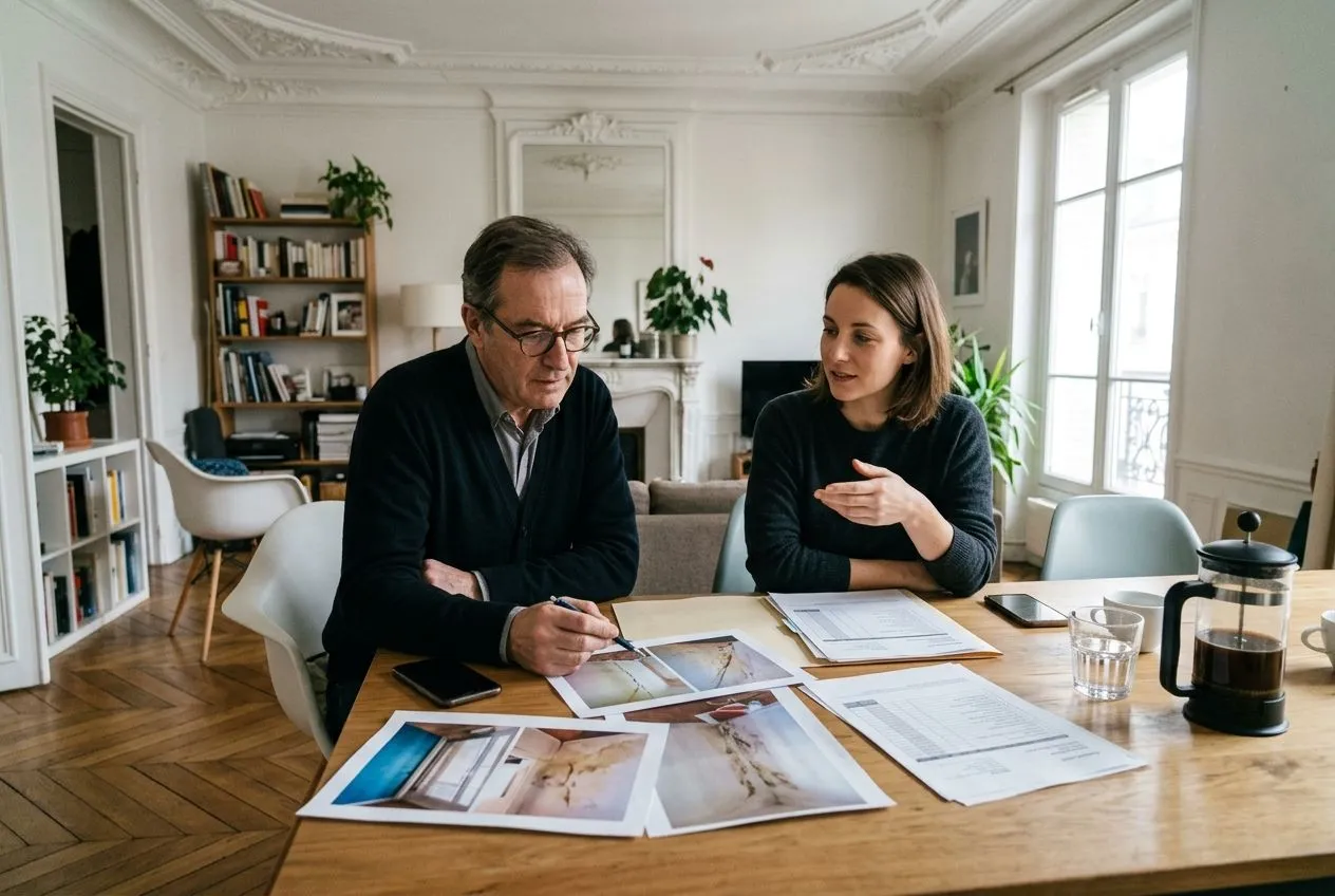 Un bailleur examine un devis et des photos de dégradations pour justifier une retenue sur le dépôt de garantie.