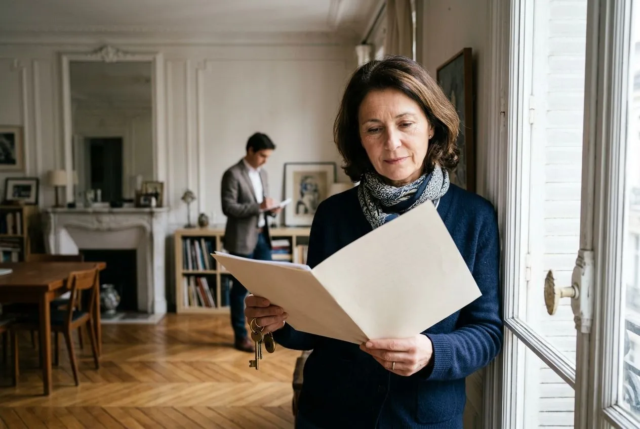 Propriétaire d’un logement meublé préparant une vente et examinant des documents après plusieurs années de location LMNP.