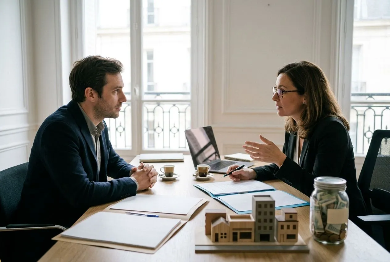 Un emprunteur et un conseiller évaluent les risques et les précautions avant de financer des parts de SCPI à crédit.