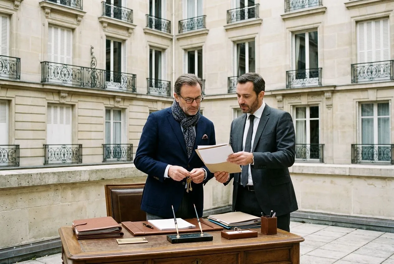 Un investisseur prépare la revente d’un immeuble détenu en SCI avec un conseiller immobilier.