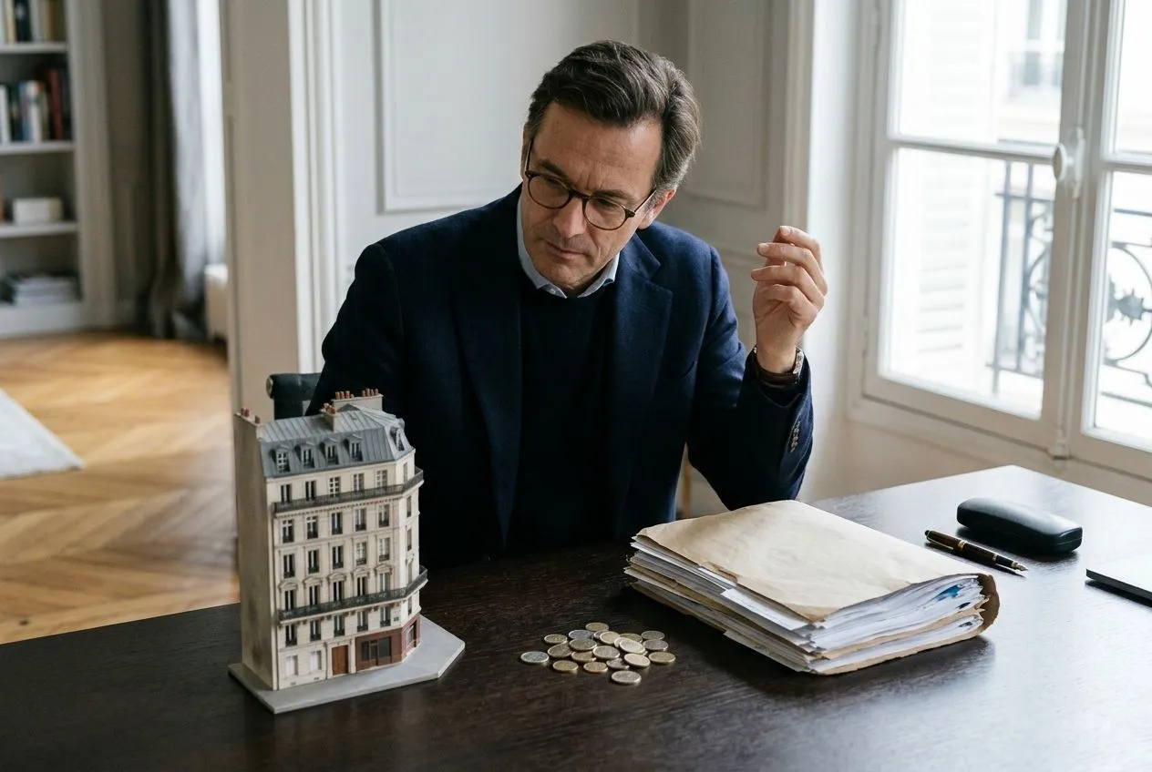 Un investisseur compare une maquette d’immeuble et des pièces pour comprendre l’écart entre prix de souscription et valeur de retrait d’une SCPI.