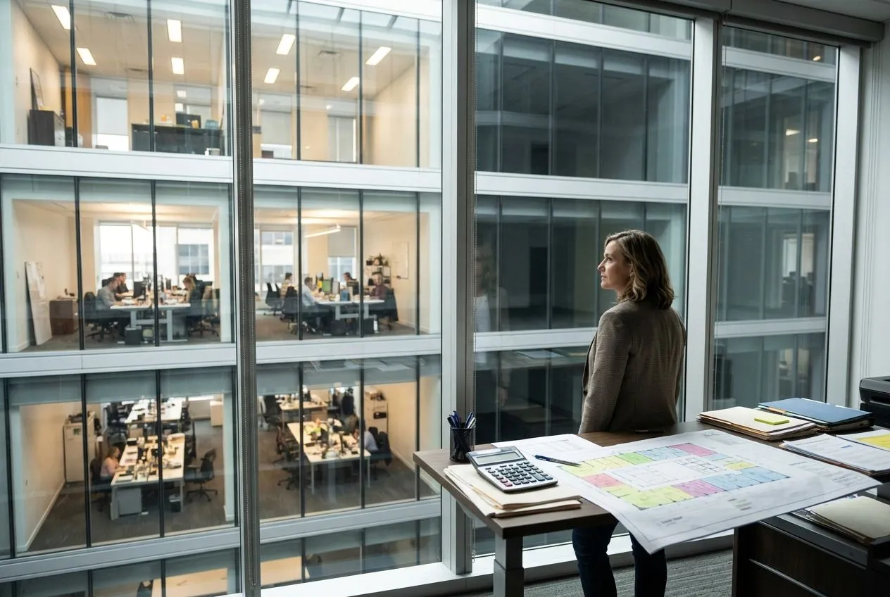 Un gestionnaire observe des bureaux occupés et vacants pour évaluer les loyers réellement perçus par une SCPI.