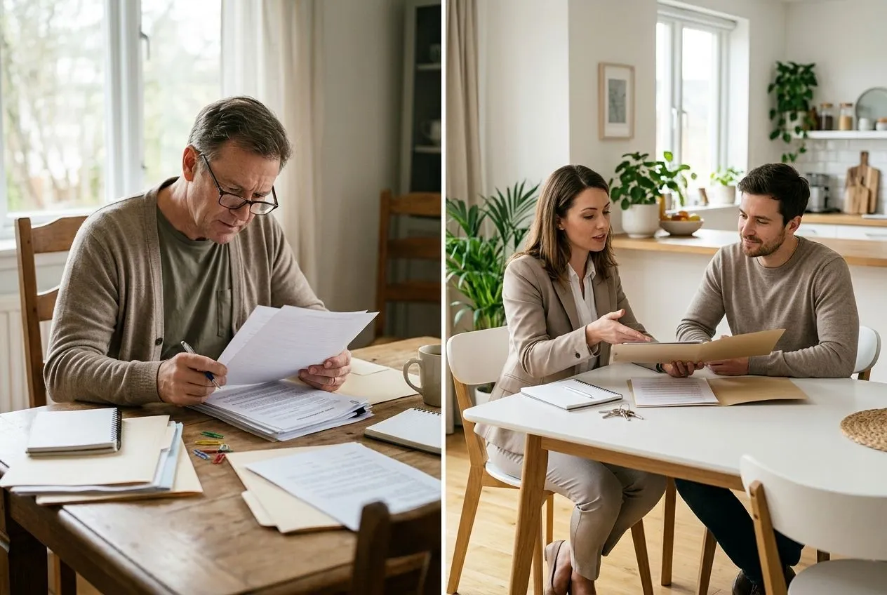 Un bailleur vérifie seul un dossier de location tandis qu’un gestionnaire professionnel contrôle les documents dans un appartement.