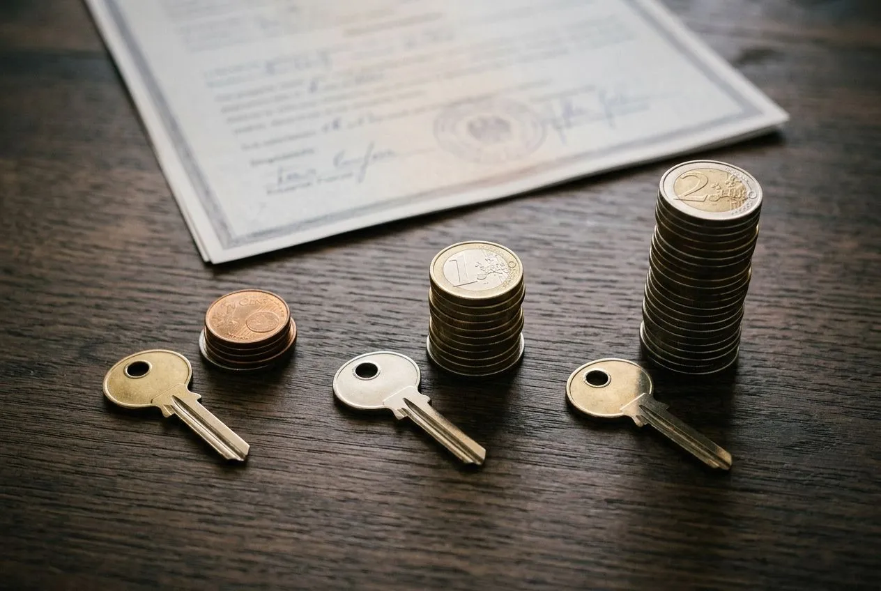 Trois jeux de clés et des montants différents de pièces évoquent l’évolution de l’impôt immobilier selon la durée de détention.