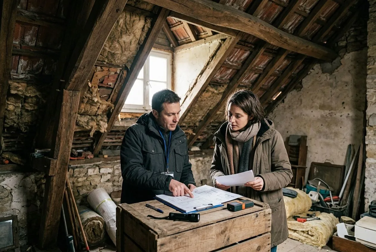 Un acheteur et un spécialiste examinent les travaux à prévoir dans un logement ancien pour justifier une offre immobilière.