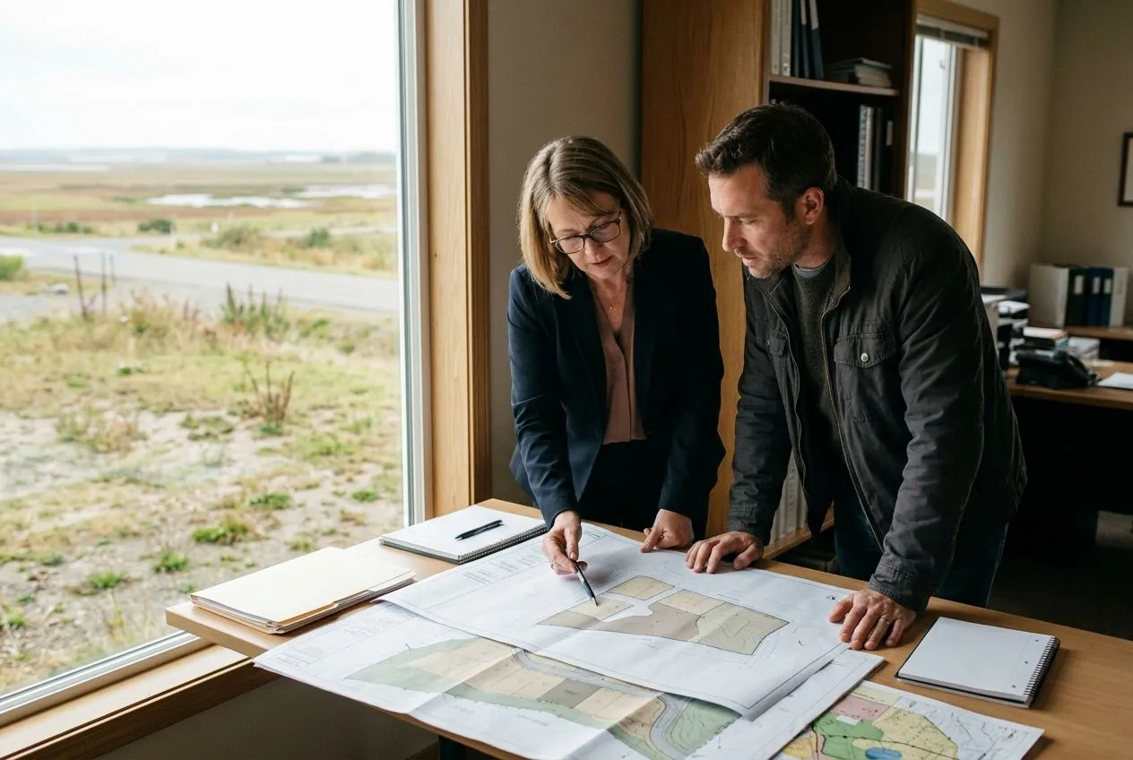 Un notaire et un acheteur vérifient les plans d’un terrain et les contraintes d’urbanisme avant la vente.