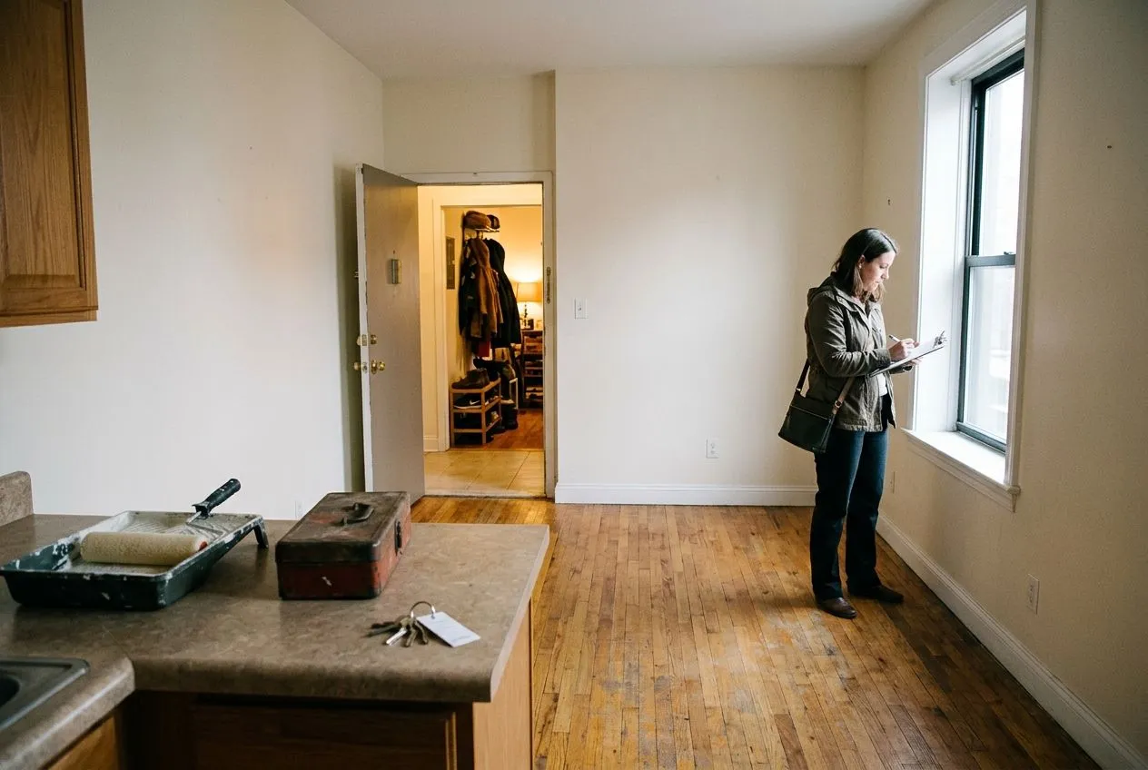 Un gestionnaire prépare un studio vide après un départ, entre nettoyage, réparations et remise en location.