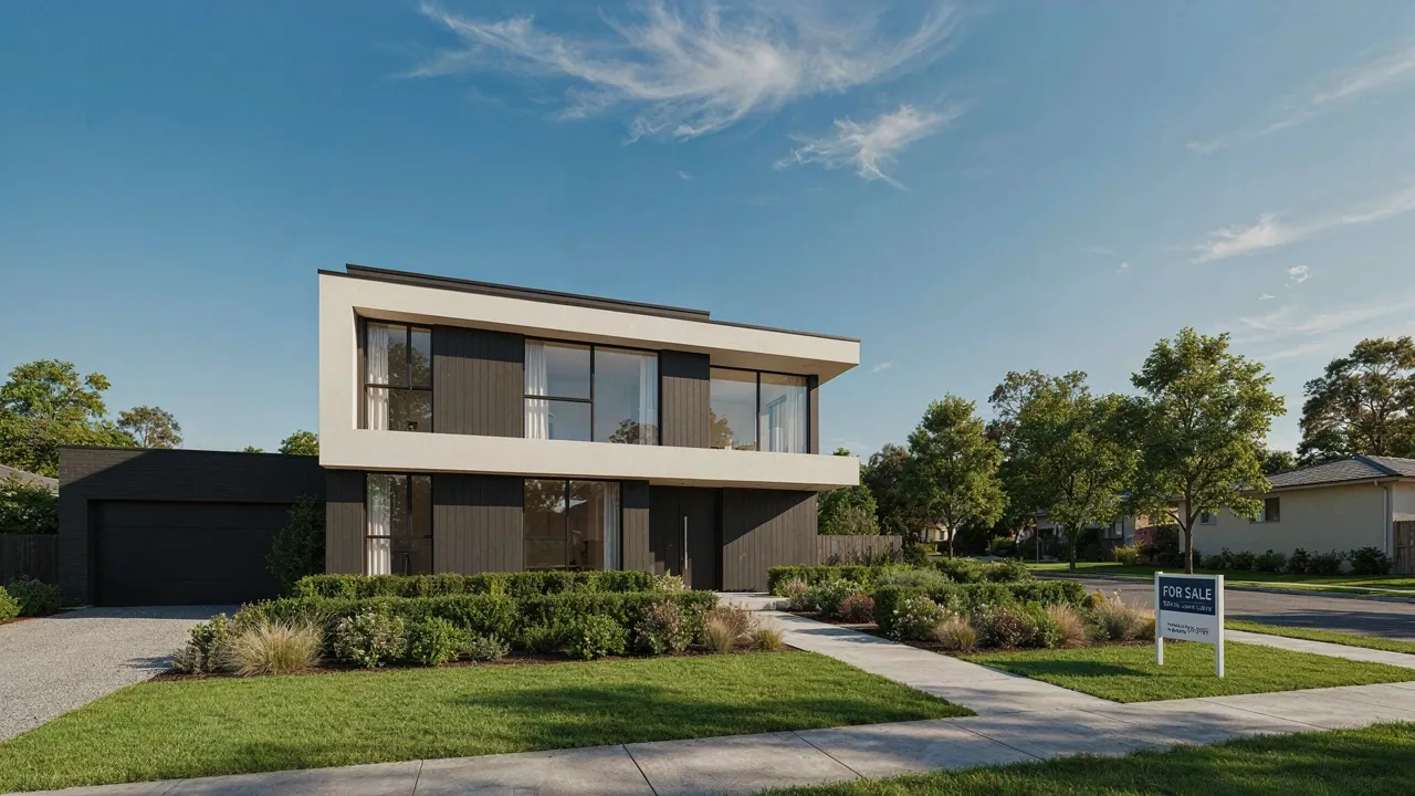 Maison à vendre avec panneau devant une pelouse