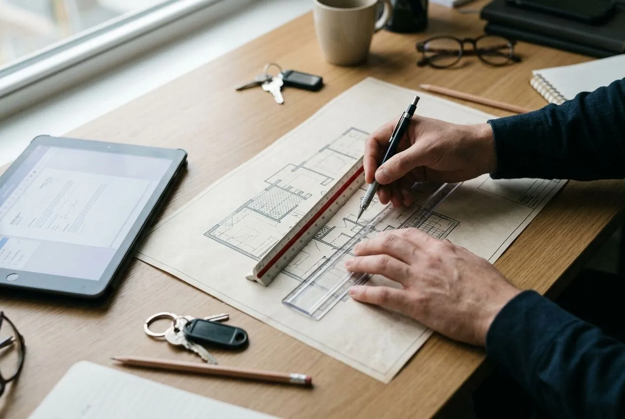 Un acquéreur mesure un plan de vente avec une règle pour contrôler l’échelle et les dimensions du futur logement.