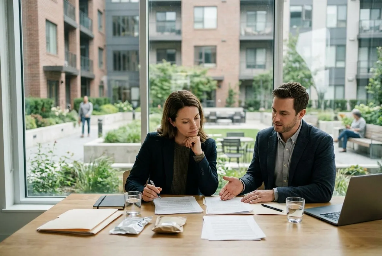 Un acheteur consulte des documents de copropriété avant d’évaluer les finances et les travaux de l’immeuble.