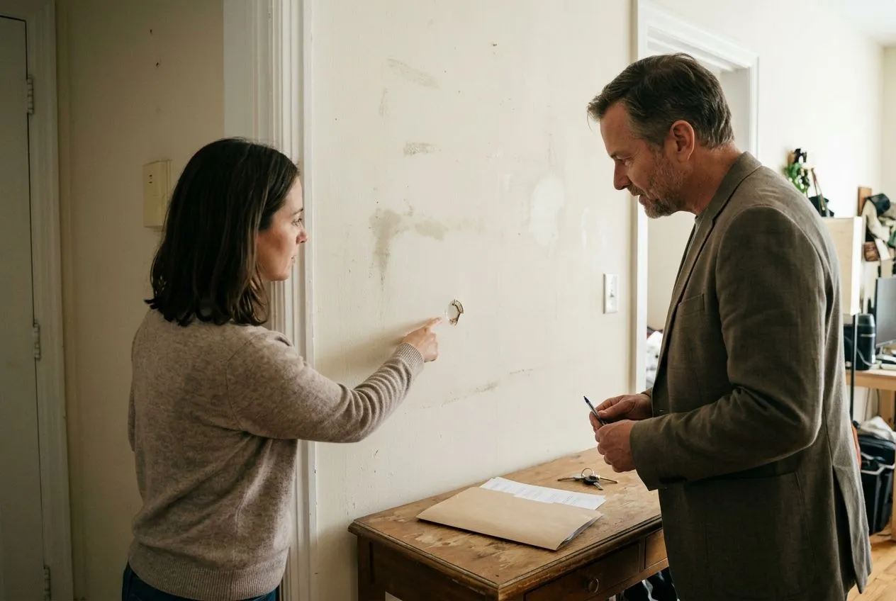 Un locataire et un propriétaire examinent une peinture vieillie et un impact sur un mur pour distinguer vétusté et dégradation.