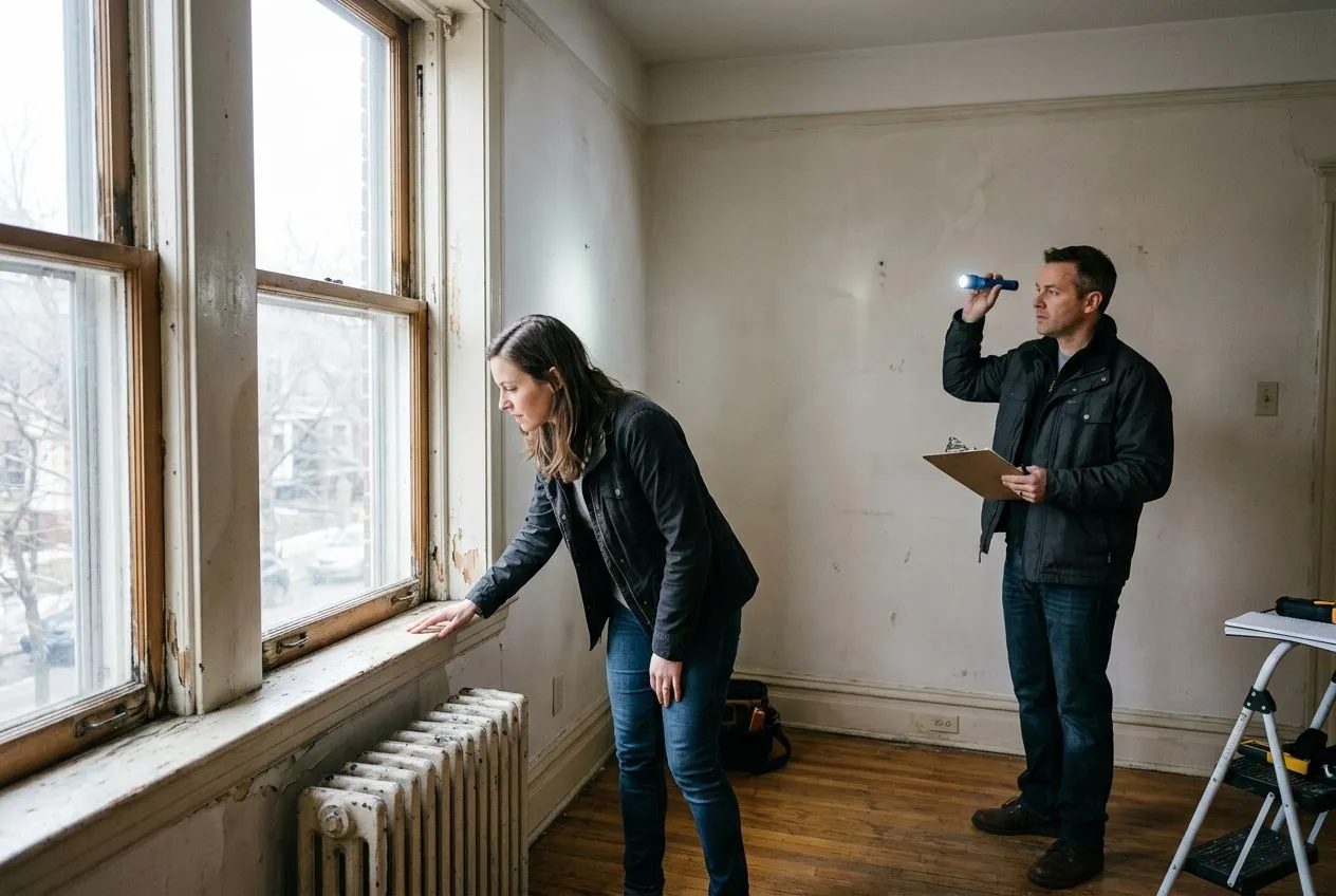 Un acheteur et un professionnel inspectent les fenêtres et les murs d’un appartement ancien avant l’achat.