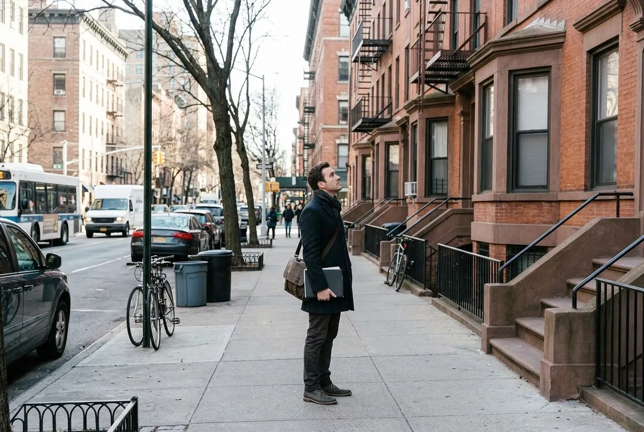 Un acheteur observe la rue et le voisinage autour d’un immeuble avant une visite immobilière.